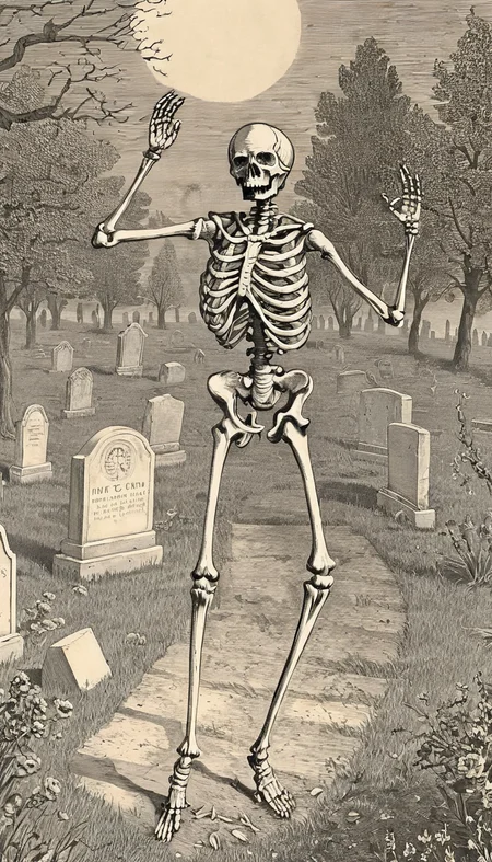 skeleton dancing in graveyard <lora:vntg-line-art-v2:1> vntg, line-art
