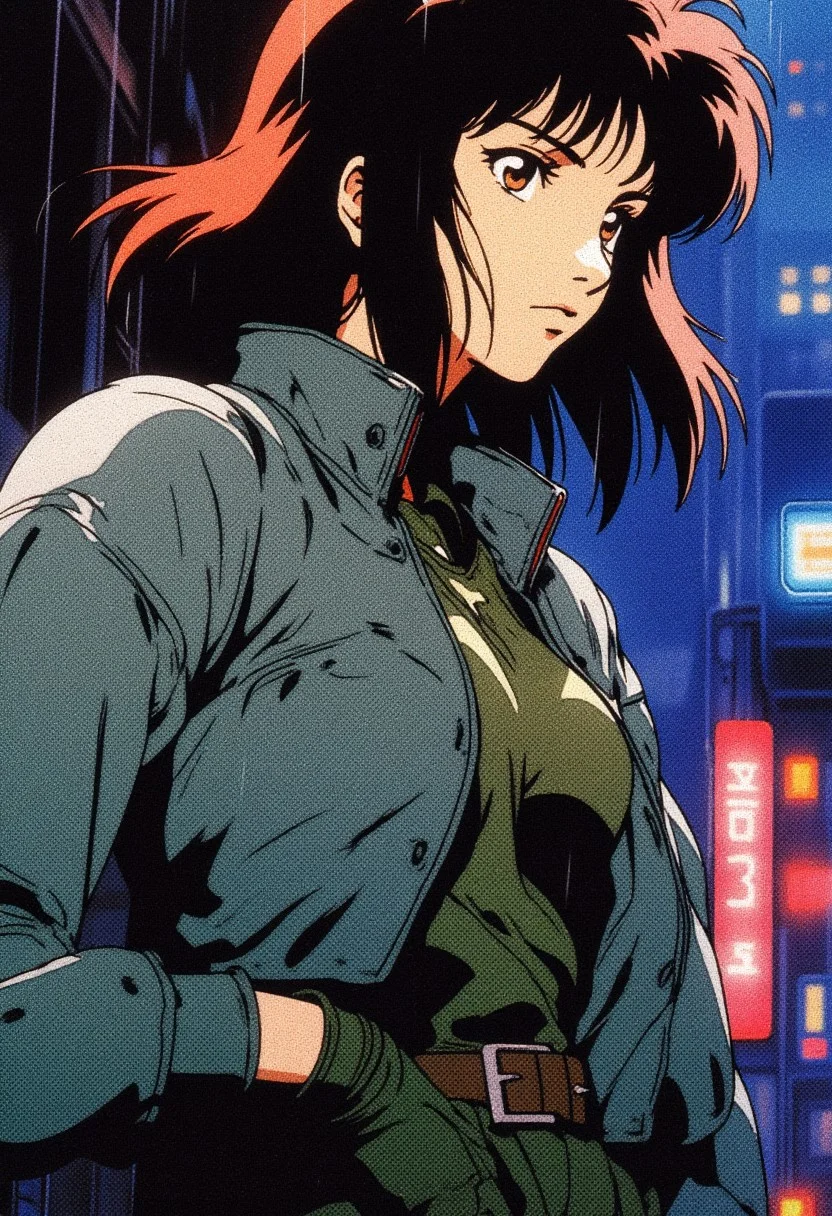 close-up body shot of a 5'7" anime woman in her early 30s standing in a neon-drenched alleyway and wearing a gray jacket with a military-green undershirt and combat boots, slender athletic build, graceful but tense posture, high cheekbones, heart-shaped face, pale skin, deep amber eyes, dark auburn uneven shoulder-length hair, tight-lipped expression, raining, nighttime, cyberpunk city, 90s OVA sci-fi anime, 4k, ultrahigh detail, ultrahigh quality