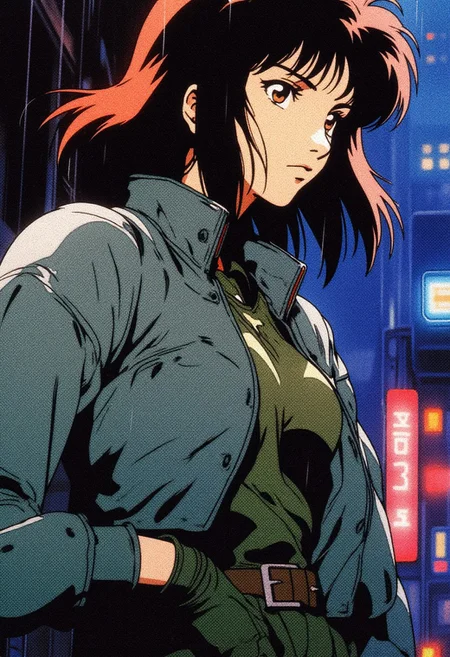 close-up body shot of a 5'7" anime woman in her early 30s standing in a neon-drenched alleyway and wearing a gray jacket with a military-green undershirt and combat boots, slender athletic build, graceful but tense posture, high cheekbones, heart-shaped face, pale skin, deep amber eyes, dark auburn uneven shoulder-length hair, tight-lipped expression, raining, nighttime, cyberpunk city, 90s OVA sci-fi anime, 4k, ultrahigh detail, ultrahigh quality