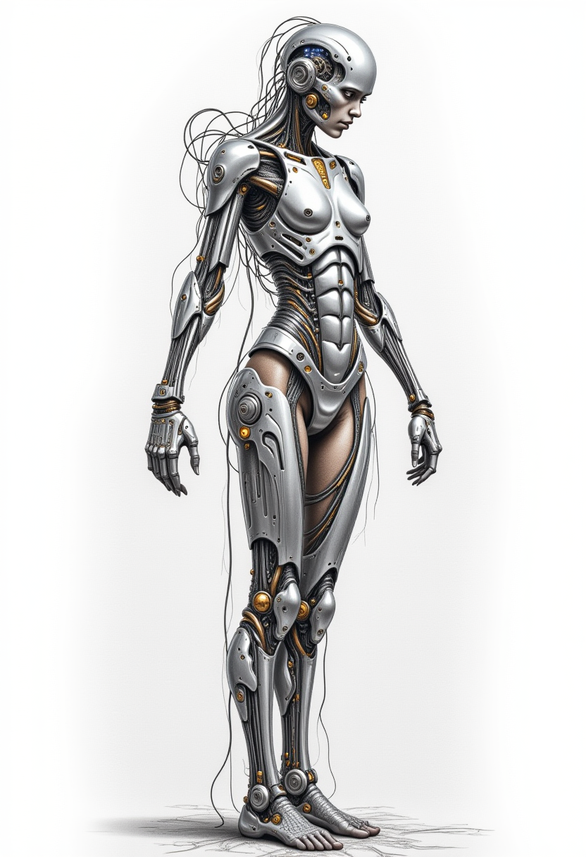 A fine art illustration and highly detailed pencil sketch drawing of a stunning and surreal cyborg, featuring a wide full body shot where human and cybernetic elements blend harmoniously. The sketch should showcase organic skin seamlessly integrating with intricate metallic implants, delicate wires, and glowing circuits that weave through the entire body. The overall aesthetic should be dark yet captivating, emphasizing fine details and a sense of realism drawn in graphite and colored pencil.