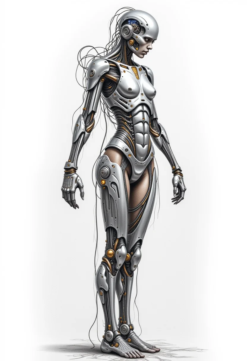 A fine art illustration and highly detailed pencil sketch drawing of a stunning and surreal cyborg, featuring a wide full body shot where human and cybernetic elements blend harmoniously. The sketch should showcase organic skin seamlessly integrating with intricate metallic implants, delicate wires, and glowing circuits that weave through the entire body. The overall aesthetic should be dark yet captivating, emphasizing fine details and a sense of realism drawn in graphite and colored pencil.