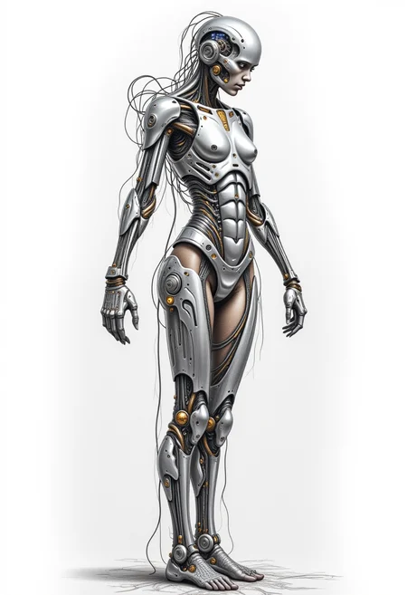 A fine art illustration and highly detailed pencil sketch drawing of a stunning and surreal cyborg, featuring a wide full body shot where human and cybernetic elements blend harmoniously. The sketch should showcase organic skin seamlessly integrating with intricate metallic implants, delicate wires, and glowing circuits that weave through the entire body. The overall aesthetic should be dark yet captivating, emphasizing fine details and a sense of realism drawn in graphite and colored pencil.