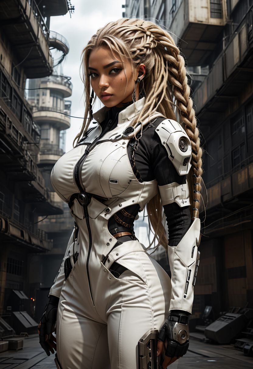 Masterpiece, destiny-beyonce-survivor-ambiance ,   darkskin, hazel eyes, big eyes, (((long blonde dreadlocks)), ((braided hair on sides))  , tattoo on arm, (((wide hips)))), ((semi muscular body)), 1girl,
 huge breasts, sagging breasts, wide hips, massive round ass, thin waist,
 earrings, choker, eyelashes, makeup,     as a biomechanical cyberpunk bounty hunter in a dystopian future, wearing a sleek white cybernetic jumpsuit, with black metal trimming, commanding and threatening expression, cutting-edge tactical gadgets, razor-sharp wit, illegal tech and weapon manufacturing lab, half_ponytail_hairstyle,Asian woman,  long hair, brown hair,  golden skin, tan skin, athletic body, toned abs, ((tiny boobs)), tan, dark skin,<lora:more_details:0.5>, OverallDetail, KodakPhotoMaybe, braless, Wearing <clothes that make sense with Braless>, Tower-of-Doom-Mirax, braless, Wearing <clothes that make sense with Braless>, ((facing viewer)), full body view, Cinematic Girls With Guns Style, Cyberpunk city, Post apocalyptic, Cinematic Girls With Guns Style, braless, Wearing <clothes that make sense with Braless>, Post apocalyptic , Futuristic image , Cyberpunk city, Utopia,