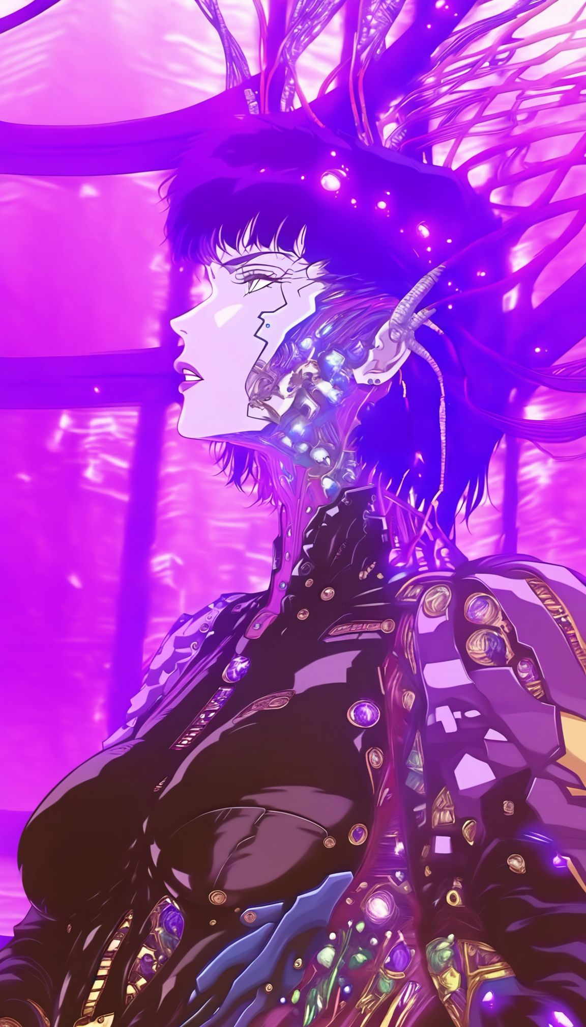 1girl, solo, short hair, science fiction, purple lips, cable, cyberpunk, black hair, upper body, cyborg, from side, breasts, bodysuit, parted lips, profile
