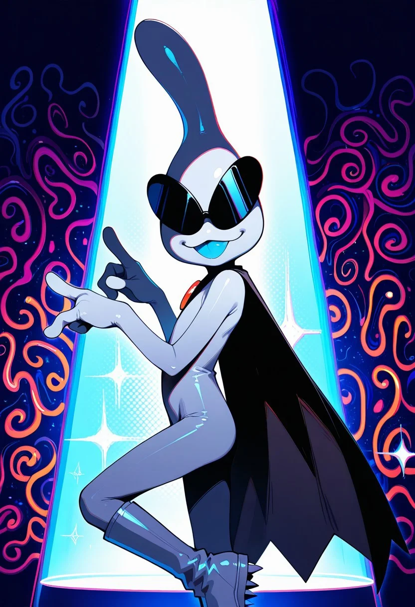 masterpiece, ultra detailed, amazing quality, absurdres, very aesthetic, solo focus, male focus, 1boy,
orbulon_WW, white skin, alien, 3 fingers, fewer digits, sunglasses, covered eyes, knee boots, white footwear, spiked footwear, standing, brooch, cape, torn cape, :3, smile, :p, blue tongue, sparkle, hands up, pointing, turning head, from side, leg up, knee up, standing on one leg, cowboy shot, slim, small butt,
BREAK
detailed shading, flying saucer, spotlight, psychedelic background, multi-colored, WaiIL25PosC, g0th1c, glowing, neon lights,
