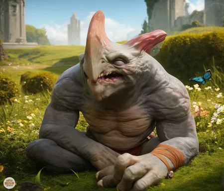 zPDXL2, quarter side view , rating_safe, score_9 , score_8_up, score_7_up, 4k, 3d , ,highres, absurdres, portait, BREAK
paraggrux, grux sitting down with one arm on leg in a calm grassy meadow valley with a (small butterfly resting on grux face) , loincloth, eyes closed, tall grass, ruins in the background, happy, one horn on head, grey skin, teeth, spikey spine, alien, monster , bandage wrapped arms, bandage wrap legs, <lora:Grux_-_Paragon:0.8> <lora:Pony_DetailV1.0:0.6>