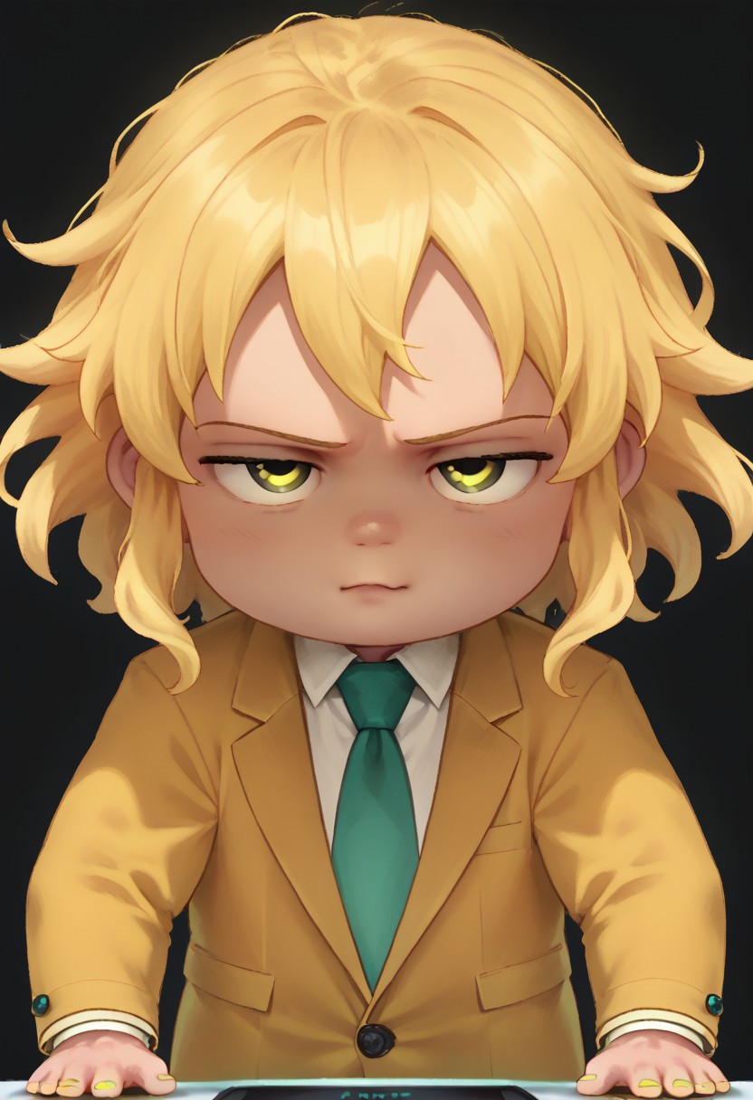 score_9, score_8, score_7, 1boy, solo, chibi, mint yellow hair, straight wavy hair, mint yellow eyes, black sclera, mint yellow necktie, formal, mint yellow suit, mint yellow jacket outfit, mint yellow pants, mint yellow shoes, holding a computer, Neptune, upper body