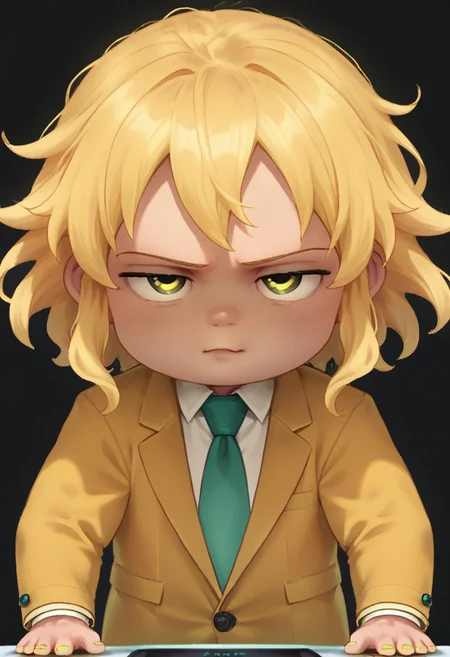 score_9, score_8, score_7, 1boy, solo, chibi, mint yellow hair, straight wavy hair, mint yellow eyes, black sclera, mint yellow necktie, formal, mint yellow suit, mint yellow jacket outfit, mint yellow pants, mint yellow shoes, holding a computer, Neptune, upper body