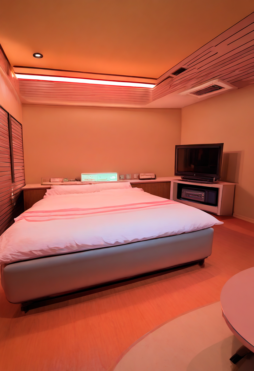 lovehotel, scenery, LHbedpanel, table, book, indoors, phone, bed, couch, television,
masterpiece, best quality, amazing quality, very aesthetic, absurdres, newest,
<lora:lovehotel_Illustrious_V1P:1>