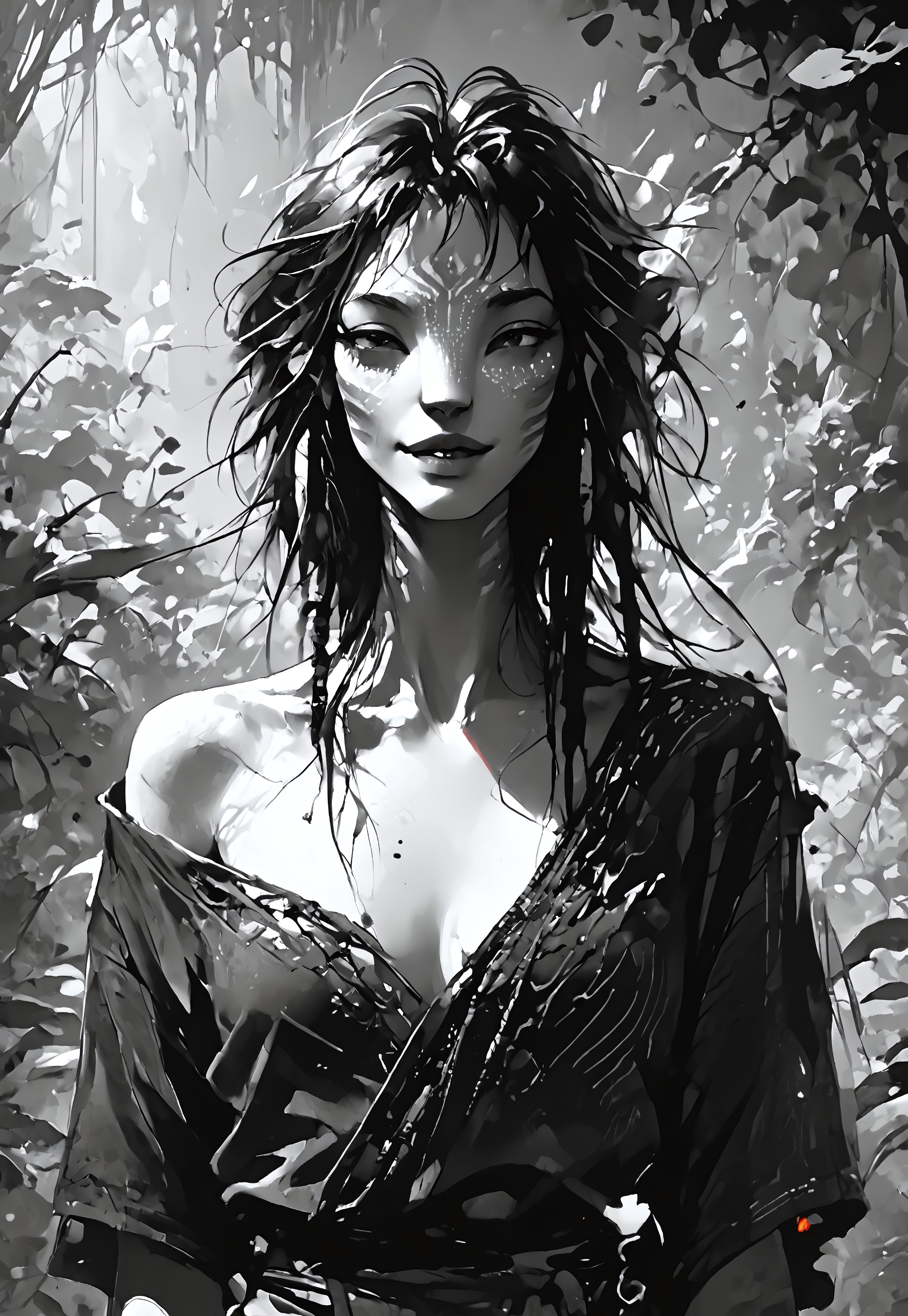 safe_pos, score_9, score_8_up, score_7_up, source_anime, monochromemuse, Expressiveh, monochrome, greyscale, ink splatter, (Avatar navi alien with white skin and black stripes), primitive revealing tunic made of vines and leaves, off shoulder, cleavage, parted lips, light smile, vibrant blue lipstick,