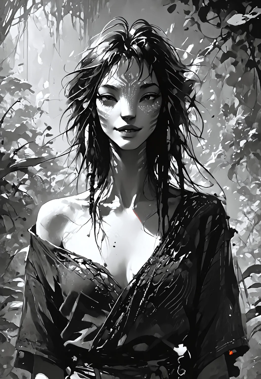 safe_pos, score_9, score_8_up, score_7_up, source_anime, monochromemuse, Expressiveh, monochrome, greyscale, ink splatter, (Avatar navi alien with white skin and black stripes), primitive revealing tunic made of vines and leaves, off shoulder, cleavage, parted lips, light smile, vibrant blue lipstick,