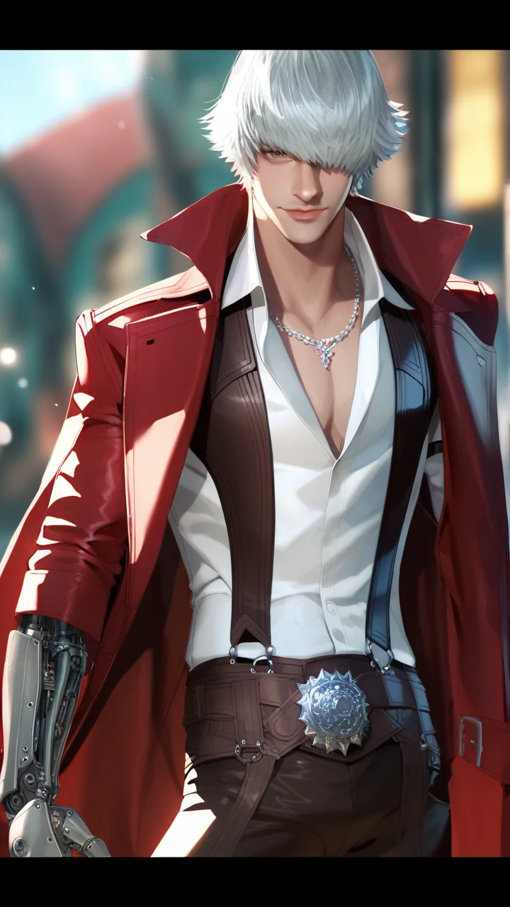 score_9, score_8_up, score_7_up, i want the whole image to be created in 3D anime style, solo, looking at viewer, gloves, 1boy, jewelry, closed mouth, white hair, male focus, open clothes, black gloves, belt, necklace, hair over one eye, blurry, coat, blurry background, letterboxed, open coat, mechanical arms, manly, red coat, single mechanical arm, dante (devil may cry)