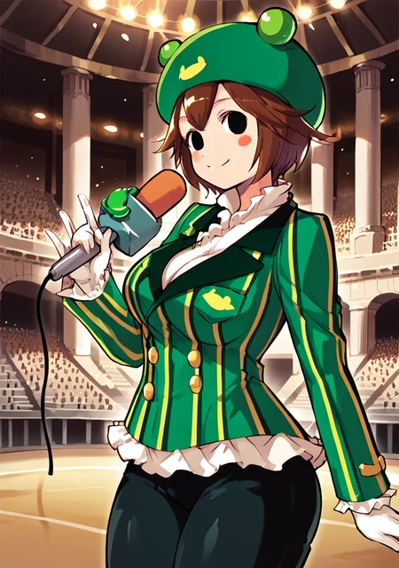 score_9, score_8_up, score_7_up, score_6_up, master piece, high quality, highres, fine light, studio lighting, (((big breast))), big hips, big ass, 1girl, solo, (green jacket, striped jacket, frills, black pants, white gloves), Colosseum, Stone Colosseum, pillars, rock pillars, indoor, interior, elevated rocks, Sand, <lora:Ribitta:1>, Ribitta, green headwear, empty eyes, blush stickers, Microphone, smile, green magical music notes flying around her creating a magical setting, musc notes