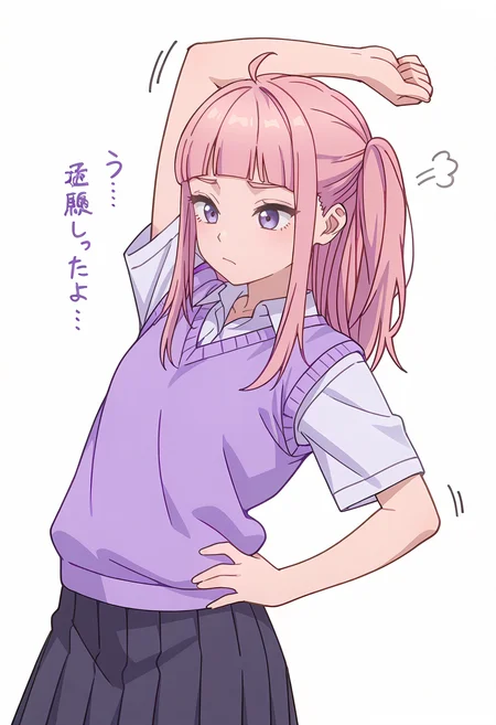 Smooth Quality,masterpiece,beautiful aesthetic, very intricate, high quality details, ultra realistic, high detailed skin,
simple background, white background,
frustrated,dutch angle,stretching, one arm raised, other on hip, slight side bend, relaxed body, ,
slit skirt,,sweater vest,
<lora:Fuyuki_Momokocnn:0.8> momoko/cnn, pink hair, 1girl, ahoge, purple eyes,petite,