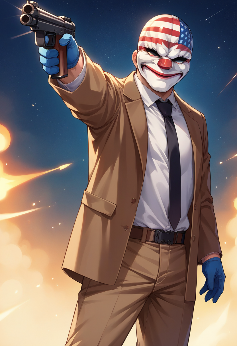 score_9, score_8_up, source_anime, 1boy, DallasPD, mask, brown jacket, open jacket, black necktie, white shirt, dress shirt, blue gloves, brown pants, aiming gun, gun, night sky, <lora:epoch-000014:1>
