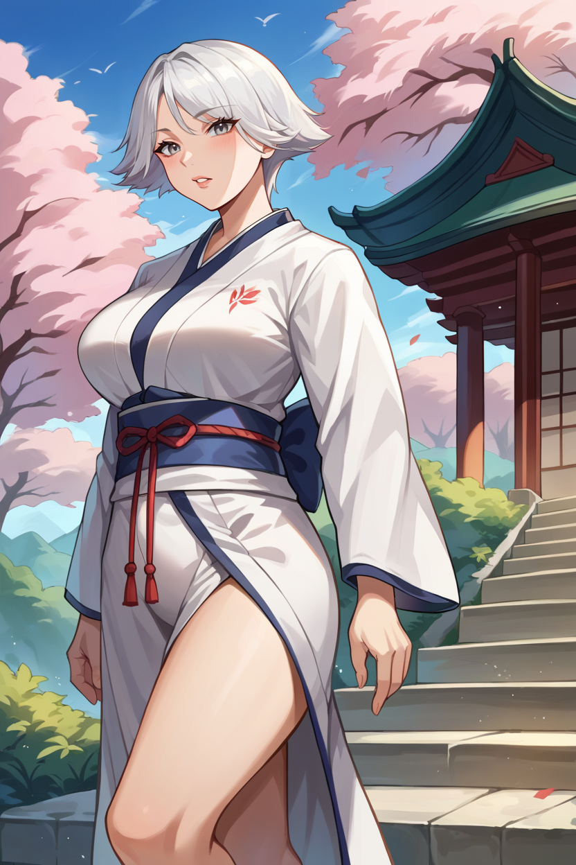 score_9, score_8_up, score_7_up, score_6_up, source_anime, BREAK 1girl, solo <lora:doachristie-pdxl-nvwls-v1-000006:1> doachristie, white hair, grey eyes, large breasts, white kimono, blue sky, forest, stairs, east asian architecture