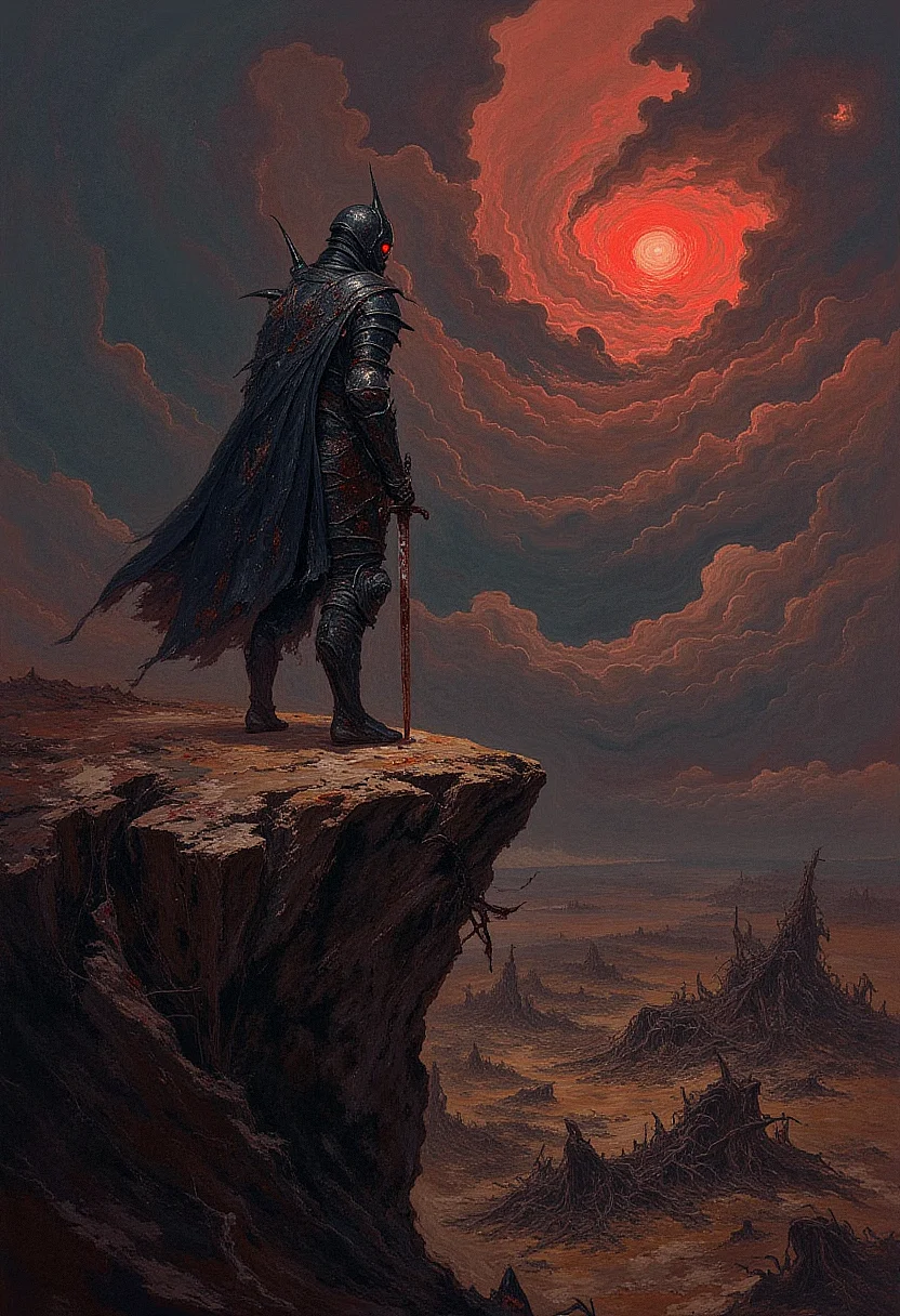 A lone knight, clad in black spiked armor, stands on a cliff overlooking a ruined battlefield. The knight's armor is dented and stained with dried blood, with glowing red eyes visible through the slit of his helmet. In his hand, he holds a rusted sword, its blade chipped and scarred. The battlefield below is littered with the broken remnants of ancient warriors and siege engines, with dark clouds swirling above. The lighting is dim, with an eerie red glow coming from the horizon as if the sun is bleeding into the sky. The style is dark fantasy, with a haunting, war-torn atmosphere. <lora:FLUX-daubrez-DB4RZ:0.93> DB4RZ, DB4RZ style painting,