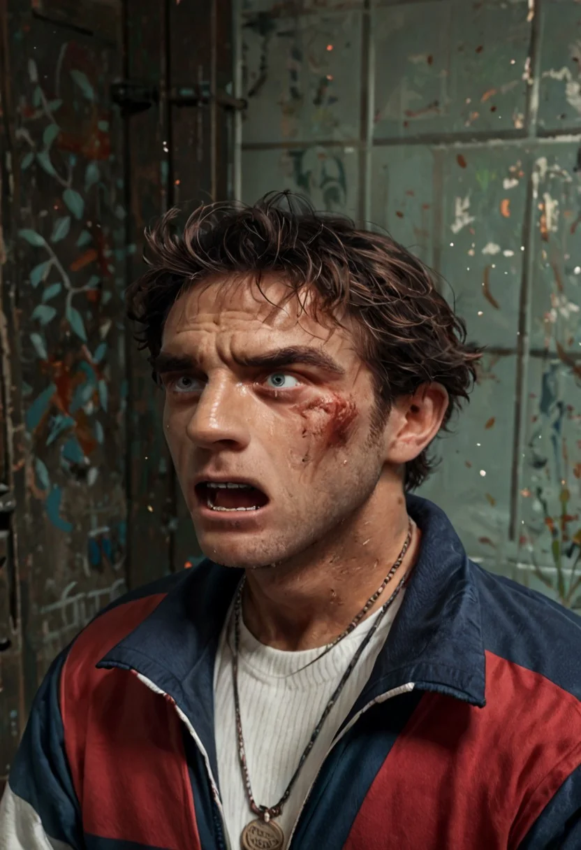 score_9, score_8_up, score_7_up, score_6_up, score_5_up, score_4_up, source_anime, 1boy, upper body, vinnie_gognitti_mp2, red and blue tracksuit, necklace, scared expression, interrogation room