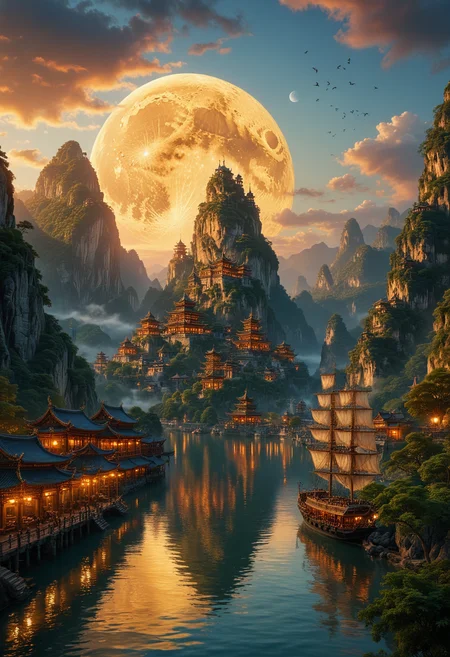 vibrant and cinematic scene, an ancient majestic city nestled in lush mountains, illuminated by the soft glow of sunset, The city with its intricate pagoda-style architecture, towers over a serene river, A large ornate ship with billowing sails is anchored near the city's edge and casting reflections on the water, above a massive moon dominates the sky, sense of wonder, The environment is magical and otherworldly atmosphere, fantasy and adventure, <lora:MJ52:0.3>, <lora:add-detail-xl:1>, <lora:SDXLFaeTastic2400:0.3>