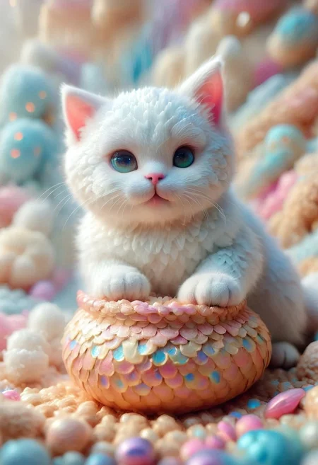 A close-up of an super adorable kitten wrapped in a white knitted blanket, The kitten looks lovely with super cute eyes and cozy, blurry bedroom background, Thebig blanket adds a sweet and whimsical touch to the scene and fits perfectly in the setting.super lovely, super cute, adorable, masterpiece, award winning,