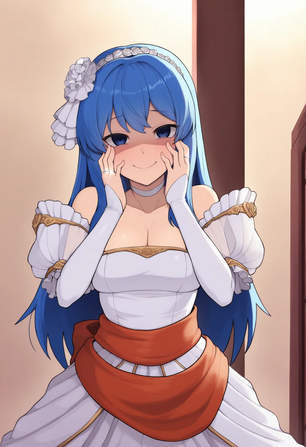 masterpiece, best quality, 1girl, solo, <lora:caeda-fe-richy-v1_ixl:1> caedabrd, blue eyes, blue hair, long hair, bangs, hairband, frilled hair ornament, white choker, bride, wedding dress, cleavage, detached sleeves, puffy short sleeves, see-through sleeves, long sleeves, frills, red sash, yandere, hands on own face, standing, pov, marriage, ring, wedding ring, looking at viewer, smile, closed mouth, evil smile