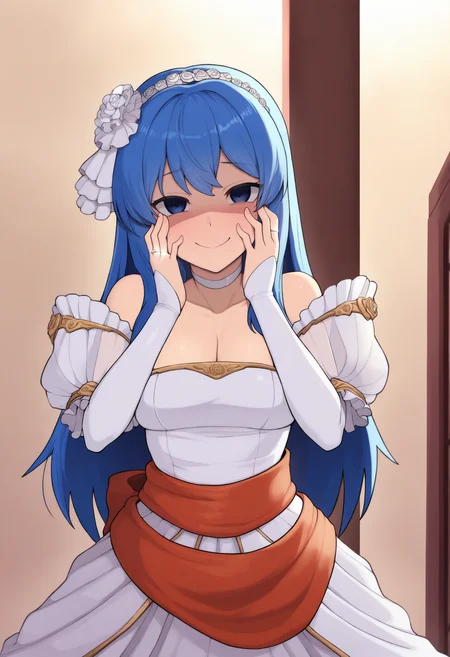 masterpiece, best quality, 1girl, solo, <lora:caeda-fe-richy-v1_ixl:1> caedabrd, blue eyes, blue hair, long hair, bangs, hairband, frilled hair ornament, white choker, bride, wedding dress, cleavage, detached sleeves, puffy short sleeves, see-through sleeves, long sleeves, frills, red sash, yandere, hands on own face, standing, pov, marriage, ring, wedding ring, looking at viewer, smile, closed mouth, evil smile