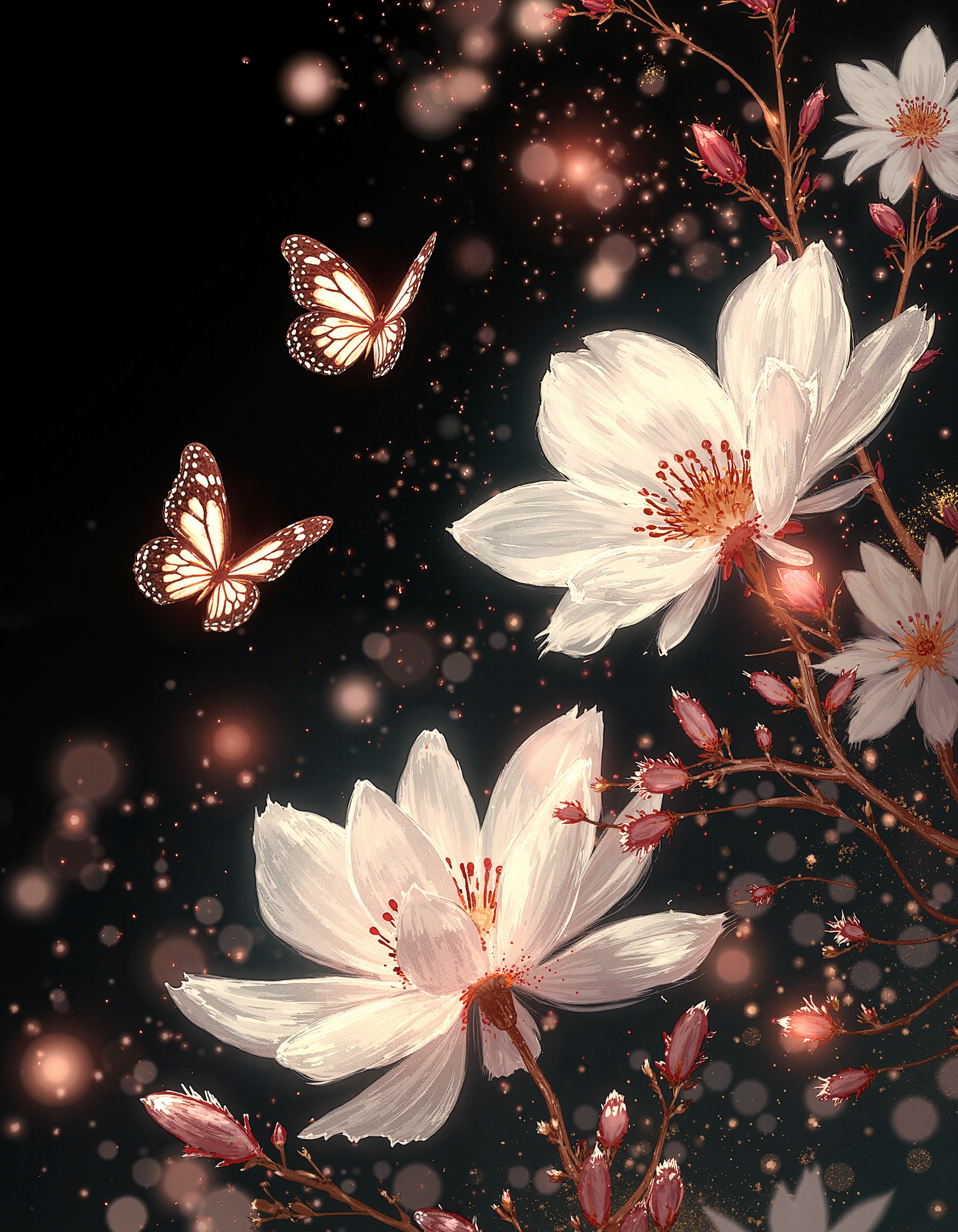 ArsMJStyle, impressionism, Ukiyo-e, A surreal and painterly composition featuring **radiant white flowers** and **dark ethereal butterflies** against a pitch-black background. The flowers exude a sense of purity and holiness. The petals are stained with crimson blood. The butterflies pulse with an otherworldly light, and their wings are traced with intricate patterns. The atmosphere is enhanced by a dreamy **bokeh effect** that scatters soft glimmers of gold and crimson throughout the composition, creating depth and a sense of quiet wonder. The interplay of **rich white highlights and deep black shadows** evokes an enchanting, almost mystical ambiance. Subtle sparks float in the air, adding a dynamic, surreal quality to the scene. The overall aesthetic is vivid yet balanced, emphasizing the **contrast between the glowing warmth of the flowers and harshness of the butterflies**. Rendered in **8K ultra-detail**, the textures are hyper-realistic, while the colors glow with an intense vibrancy, embodying an elegant harmony of surreal beauty and luxurious simplicity. The painting is in the style of umesky. <lora:Grimmold:0.5> <lora:ume_sky_v2:0.8>
