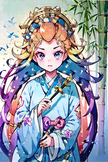 ,green chinese hanfu, beauty, (trees:0.5), (flowers:0.6) ,(birds:0.2), (bamboo0.1), lakes, Hangzhou,look looking at viewer, (disheveled hair),[orange hair:purple buttom hair:0.8],forehead,zoe,long hair,multicolored hair,(colored inner hair:1.1),(gradient hair:1.1), blue and purple  eyes,upper body,