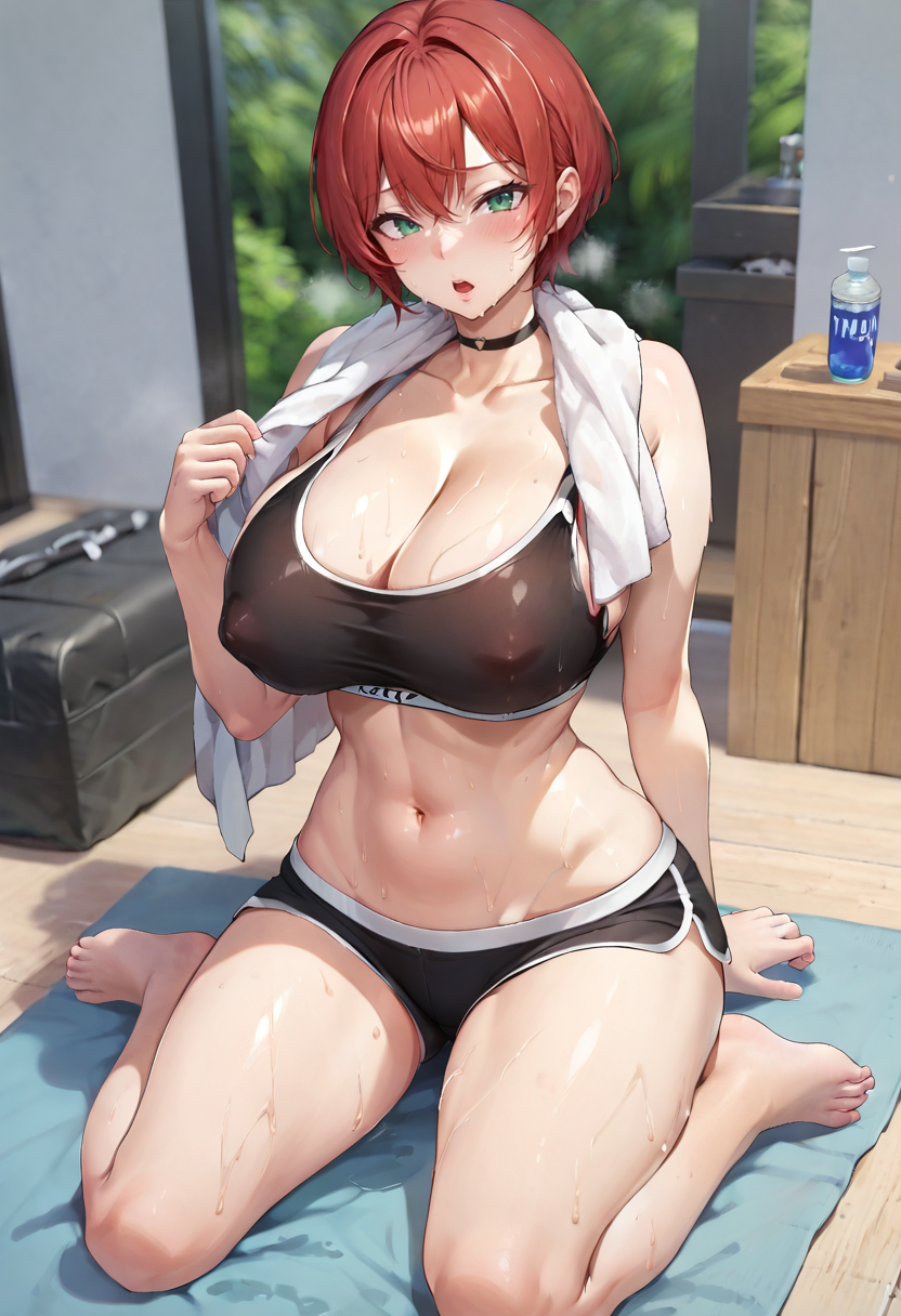 score_9, score_7_up,  1girl, 
huge breasts, wide hips, thick thighs, stomach, solo, wet, barefoot, blush, green eyes, black sports bra, black choker, sports bra, navel, covered nipples, cleavage, gym shorts, shiny skin, curvy, full body, wet bra, towel, towel around neck, looking at viewer, breasts, legs, sitting, choker, red hair, kneeling, shorts, open mouth, thighs, short hair
 <lora:dikko-Style-PonyXL-GLoRA-000047:1>
