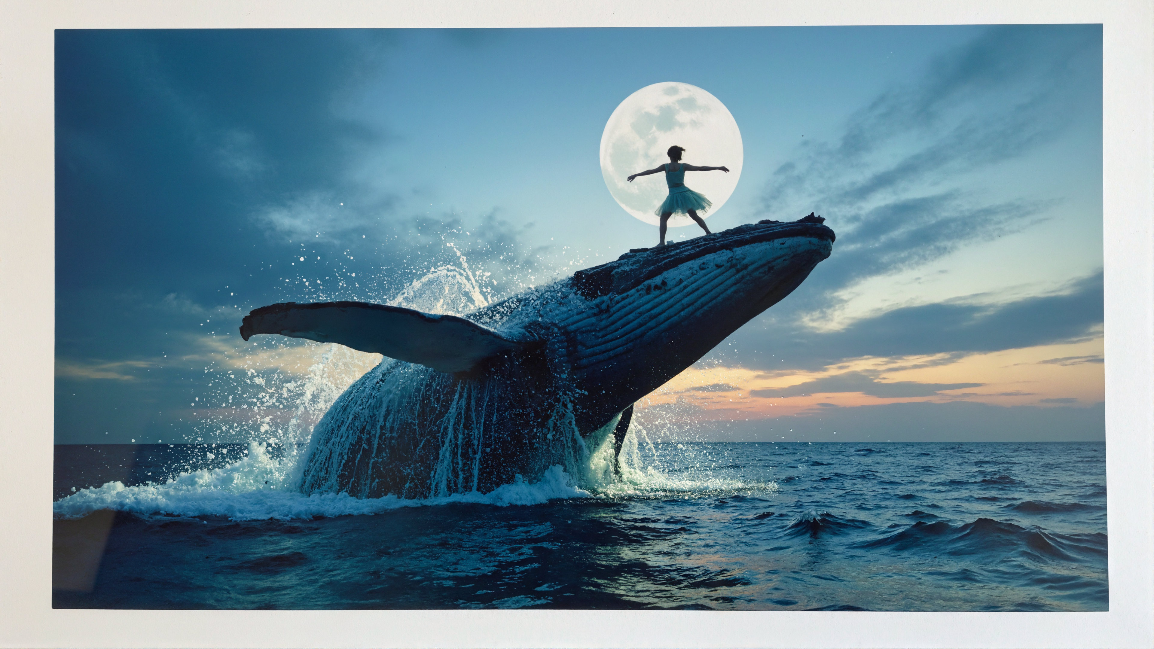 A blue whale jumping out of the sea, with a woman standing on its mouth performing ballet, a surrealistic scene,