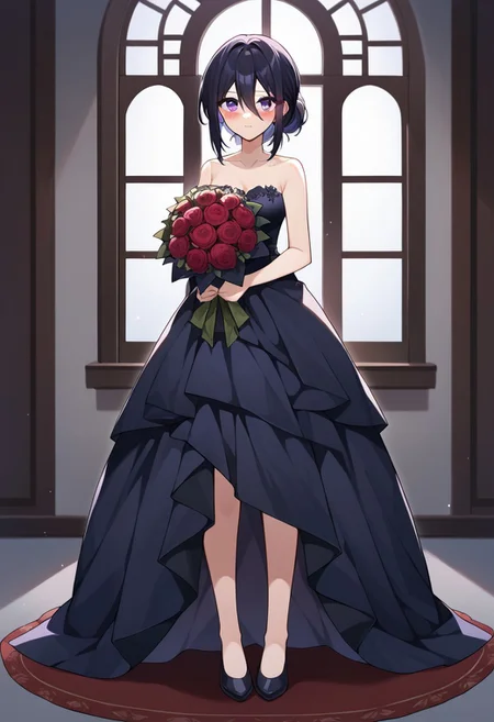 score_9, score_8, score_7, source_anime, wedding dress, purple eyes, black hair, medium breasts, holding bouquet, red rose, closed mouth, full body, hair between eyes, collarbone, blush