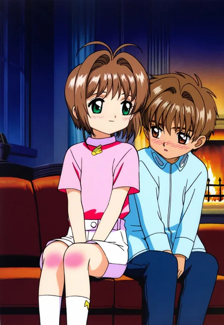 on-model, accurate art style, anime screencap, anime coloring, show accurate, cartoon screencap, movie accurate, official screencap, style parody, flat colors, official art, proper proportions, extremely detailed, newest, 2024, BREAK, 1girl, CCS_Sakura, kinomoto sakura \(cardcaptor sakura)\, brown hair, short hair, bangs, antenna hair, hair intakes, green eyes, pink shirt, short-sleeved t-shirt, tan shorts, white socks, sitting on the couch, warm smile, blush, 1boy, li syaoran, brown hair, brown eyes, short hair, blue jacket, dark blue jeans, resting on shoulder, blush, warm smile, sitting on the couch, BREAK, detailed background, indoors, living room, fireplace, nighttime, BREAK, upper body, cowboy shot, BREAK, vibrant colors, cinematic lighting, 75% soft lighting, 25% dark lighting