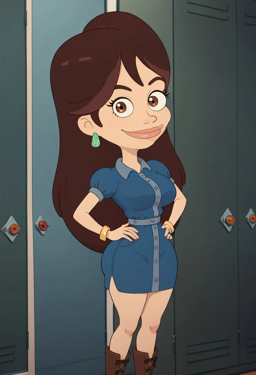 ((bedroom background)),score_9, score_8_up, score_7_up,score_6_up,
1girl, Solo, Devin_BM, light skin, brown eyes, reddish brown hair, reddish brown eyebrows, long hair, green oval-shaped earrings, golden bracelets, golden ring, blue denim dress with buttons, brown lace-up ankle boots, big eyes, huge breasts, smile, narrow waist, huge hips,huge thighs, huge ass, big eyes, perfect lips, open eyes, perfect smile, cowboyshot, perfect eyes, perfect face, hands on hips, medium stature, looking at viewer, perfect teeths