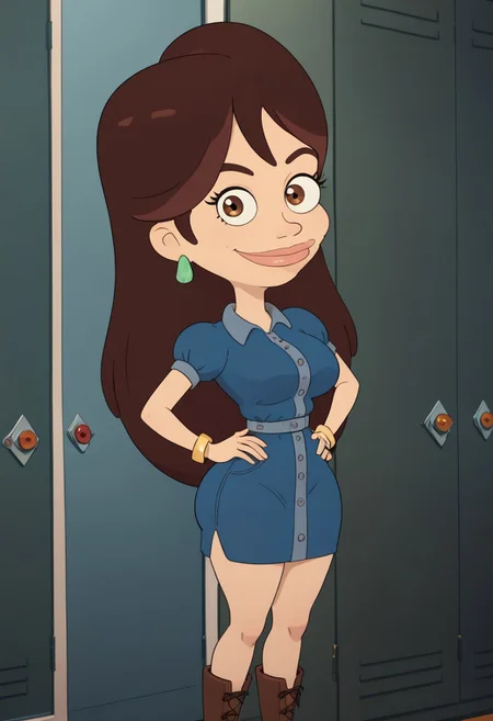 ((bedroom background)),score_9, score_8_up, score_7_up,score_6_up,
1girl, Solo, Devin_BM, light skin, brown eyes, reddish brown hair, reddish brown eyebrows, long hair, green oval-shaped earrings, golden bracelets, golden ring, blue denim dress with buttons, brown lace-up ankle boots, big eyes, huge breasts, smile, narrow waist, huge hips,huge thighs, huge ass, big eyes, perfect lips, open eyes, perfect smile, cowboyshot, perfect eyes, perfect face, hands on hips, medium stature, looking at viewer, perfect teeths