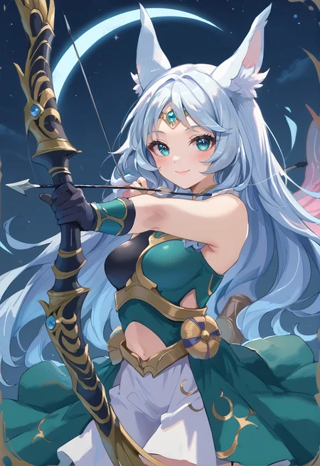 (score_9:0.9),score_8_up,score_7_up,rating_safe,anime style,(zPDXL),<lora:Apollousa, Bow of the Goddess ponyXL v1:0.73>,apollousa bow of the goddess,1girl,solo,bow \(weapon\),smile,holding bow \(weapon\),simple background,black elbow gloves,blush,looking at viewer,medium breasts,green dress,at night,leak,closed mouth,white hair,forehead jewel circlet,<lora:Drawing_bow:0.89>,drawing bow,aiming at viwer,arrow,(projectile:1.1),