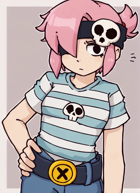 bspenny ,1girl , pink hair , short hair, black eye , bandana, one eye covered , skull ,hairband , striped shirt, belt, looking at viewer ,confused, <lora:bspenny:0.9> <lora:Yagi_the_Goat_Style:1>by s1120411