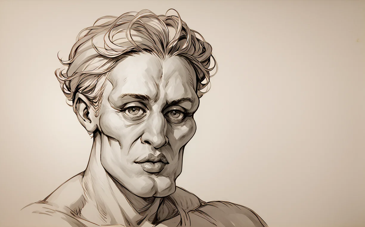 sketch <lora:AntiqueSketch:1> antique sketch, sepia., monochrome, traditional media, brown theme, orange <lora:Morathi3216XL:1> <lora:handsomize_x_pdxl_v1:1> handsomize, looking at viewer, score_9, score_8_up, score_7_up, score_6_up, score_5_up, score_4_up, BREAK