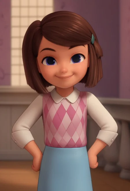 score 9, score 8, score 7, score 6, 1girl, solo, tabitha templeton, short hair, brown hair, blue eyes, polka dot pantyhose, pink checked vest, white shirt, skirt, looking at viewer, smile, upper body, interior, hands on hips, 2d, short, cute, chibi, source_cartoon, young,