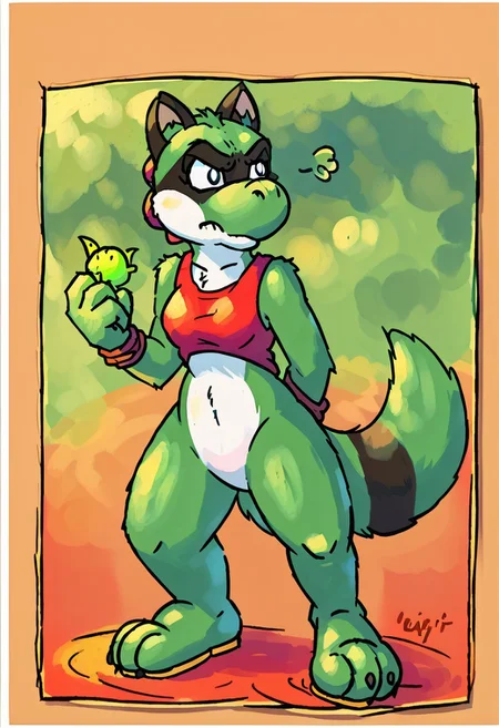 maypul, green fur, raccoon, 1girl, female, 2d, yistyle, yoshi style form, clean, no blur, watercolor, painting, solo, unamused, calm, anthro