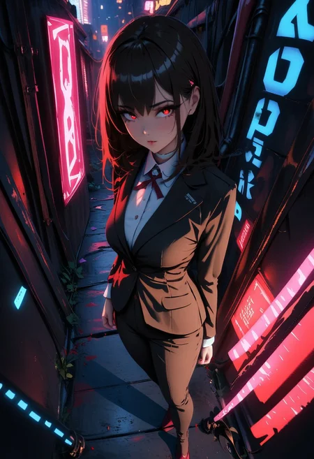 masterpiece, best quality, very aesthetic, absurdres
wlop miimalism  
  cinematic  lighting 
   1girl, aged up
  walking in the alley black suit white collar shirt 
 perspective from above
 cyberpunk, neon