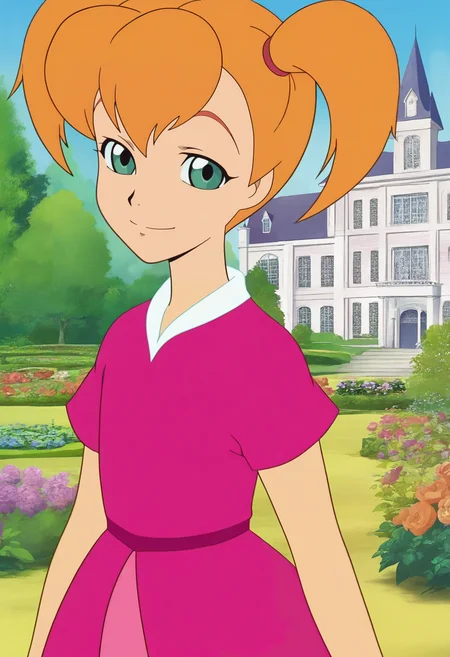 highres, perfect anatomy, anime style, anime screenshot, masterpiece, best quality, dolly, 1girl, flat chest, green eyes, orange hair, twintails, pink dress, <lora:dolly:0.9>, looking at viewer, smile, blue sky, garden, mansion, outdoors, arms at sides, upper body