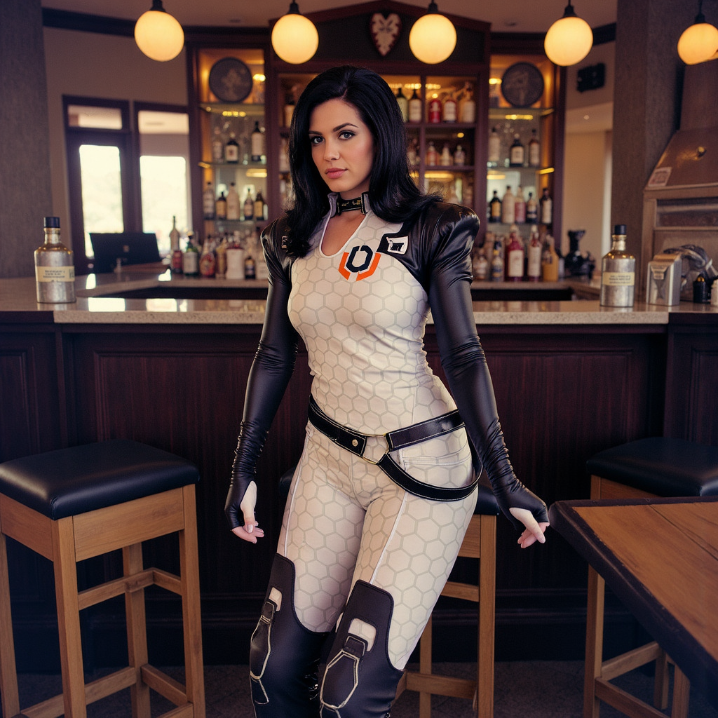 analog film photo watercolor painting ethereal fantasy concept art of  surrealist art analog photography, analog photo, looking at viewer, a woman wearing a costum, miranda lawson, black and white_costume, white_armor, cerberus_logo, hexagonal grid on armor, military black boots, she is in a bar  <lora:Miranda Lawson- Costume:1> miranda, costume, cerberus, logo . dreamlike, mysterious, provocative, symbolic, intricate, detailed, magnificent, celestial, ethereal, painterly, epic, majestic, magical, fantasy art, cover art, dreamy . vibrant, beautiful, painterly, detailed, textural, artistic, RAW candid cinema, 16mm, color graded portra 400 film, remarkable color, ultra realistic, textured skin, remarkable detailed pupils, realistic dull skin noise, visible skin detail, skin fuzz, dry skin, shot with cinematic camera . faded film, desaturated, 35mm photo, grainy, vignette, vintage, Kodachrome, Lomography, stained, highly detailed, found footage