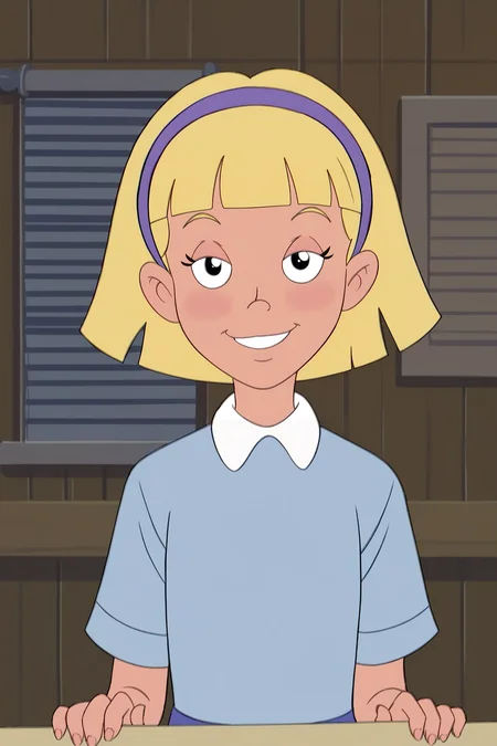 score_9, score_8_up, score_7_up, score_6_up, BREAK, AnnikaSPLXL, retro artstyle, blonde hair, short hair, blunt bangs, purple hairband, female child, flat chest, white collar shirt, blue shirt, short sleeves, solo, front view, (portrait, upper body), solo focus, seductive smile, looking at viewer, indoors <lora:AnnikaSPLXL:1>