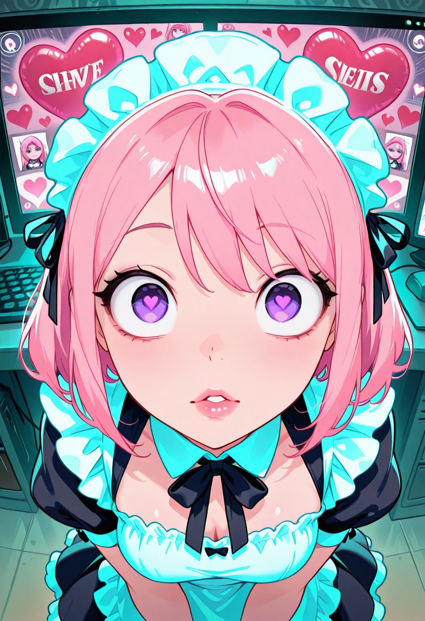 <lora:CivChan:1> CivChan, purple eyes, pink hair, maid outfit, medium breasts, pov_kiss, full lips, floating hearts, hearts, crazy eyes, computer screens in background with static, heart balloons, glitter