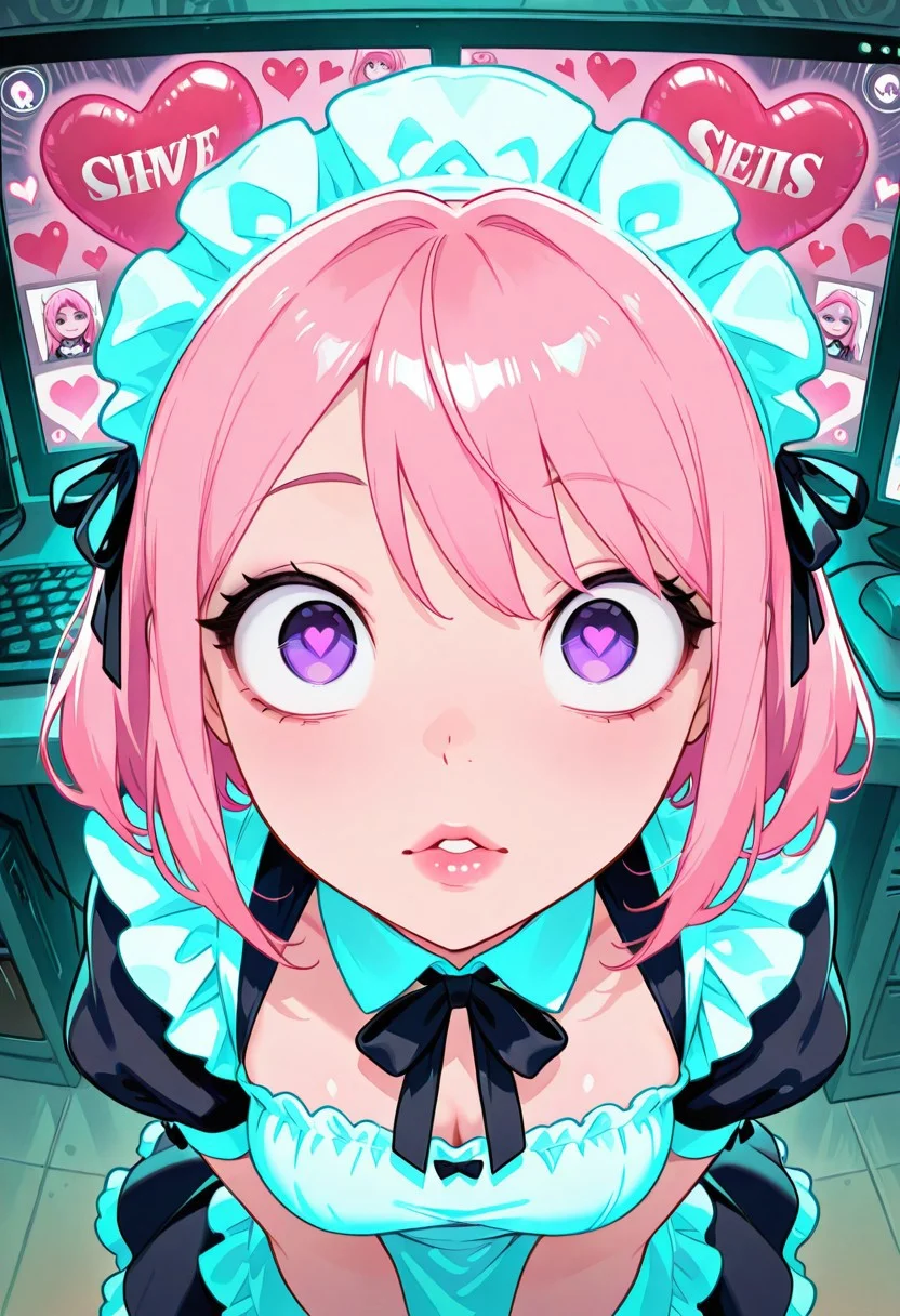 <lora:CivChan:1> CivChan, purple eyes, pink hair, maid outfit, medium breasts, pov_kiss, full lips, floating hearts, hearts, crazy eyes, computer screens in background with static, heart balloons, glitter