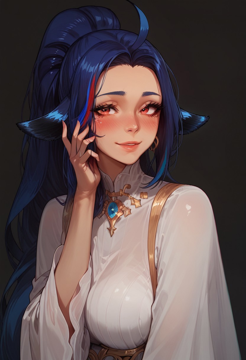 score_9, score_8_up, score_8. score_9, score_8_up, score_7_up, score_6_up, masterpiece, 4k, high quality, (best quality:1.1), ExpressiveH
1girl, solo,dolly, red eyes, blue hair, streaked hair, ponytail, two-tone hair, animal ears, very long hair, ahoge, blushing, looking at viewer, smiling, g0dd3ss, white dress
green background