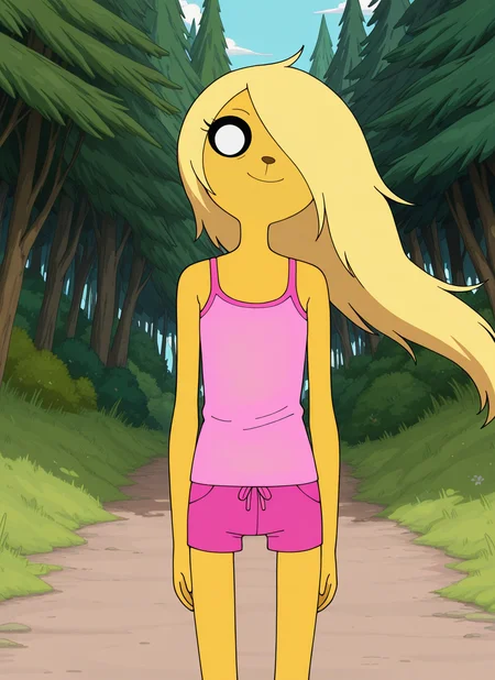 artist:, masterpiece, best quality, newest, very awa, absurdres, highres, advt, 1girl, brnv, smile, yellow skin, large eyes, blonde hair, skinny, pink tank top, looking at viewer, daytime, nature, fields, wind, detailed, <lora:SDXL\Illustrous\Adventure_Time_style_and_characters:1.0>