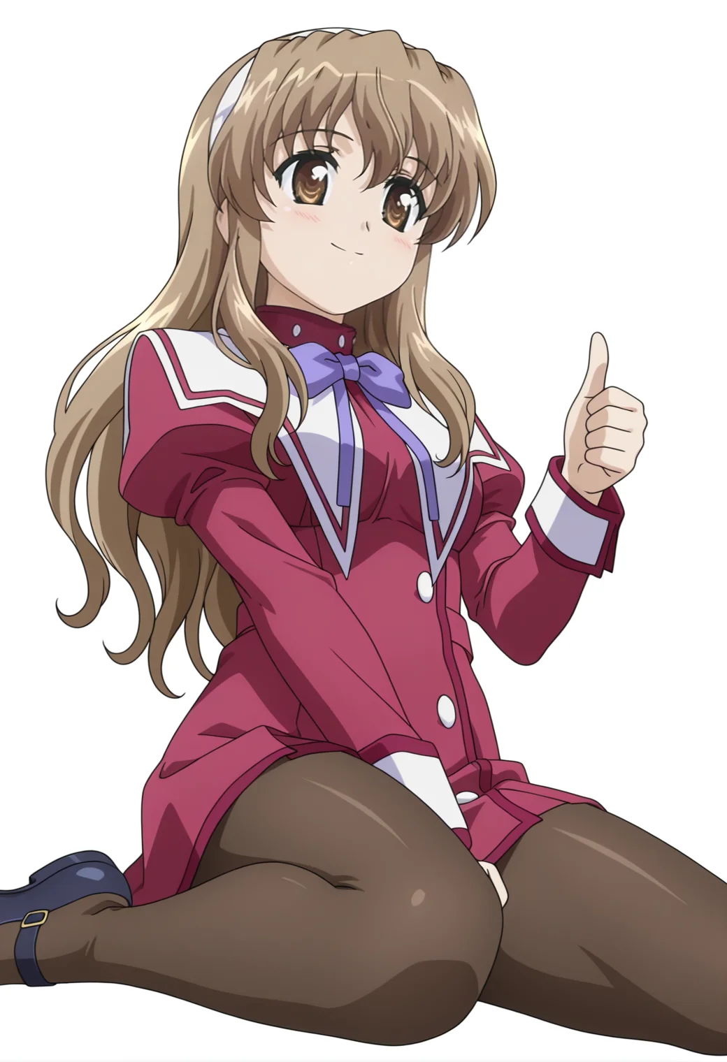 masterpiece, best quality, amazing quality, anime screencap, anime coloring, 1girl, solo, <lora:DX888HarukaIL:1> nogizaka haruka, brown hair, brown eyes, long hair
hairband, school uniform, long sleeves, purple bowtie, pantyhose, mary janes, BREAK white background, plaid background, (simple background:1.2) BREAK (dynamic pose:1.2), smile, blsuh, thumbs up, wariza, from below,