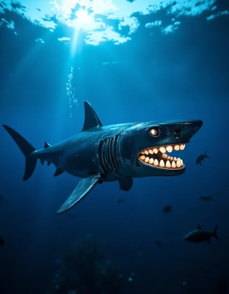 A robotic shark glides effortlessly through the deep blue ocean, its chrome-plated body reflecting shimmering beams of light from the surface above. Its movements are unnaturally smooth as its glowing, segmented fins cut through schools of startled fish. When its jaws open, the ral-rbotth within are shockingly organicâgleaming white, slightly irregular, and disturbingly human in shape. The teeth glint as a trail of bubbles escapes its gills, creating a stark contrast between the mechanical predator and the natural beauty of the underwater world.
<lora:ral-rbotth-flux_000003000:1>