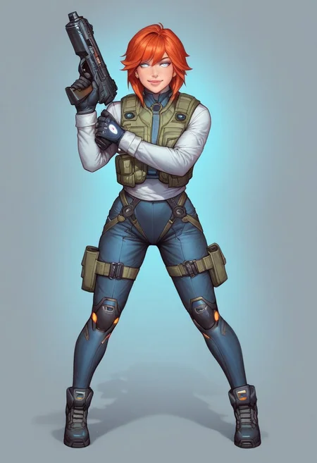 ((1girl, cute face, dynamic pose,
Glowing aura surrounding a futuristic character like the Nomad, clad in a futuristic detailed brown suit handmade, (((futuristic army vest armor))) patches on suit, redhead, long bangs,holographic blue light streaks, full face gasmask, (big shining white eyes without pupils:1.5), dynamic pose)), coy smile
BREAK
((((full closed)))), (((big futuristic gun in hands, sci-fi gun in hands)))
score_9, score_8_up, score_7_up, score_6_up, source_cartoon, rating_explicit, Expressiveh, (((((full body))))), dynamic pose, (in wastelands, sandstorm:1.3)
